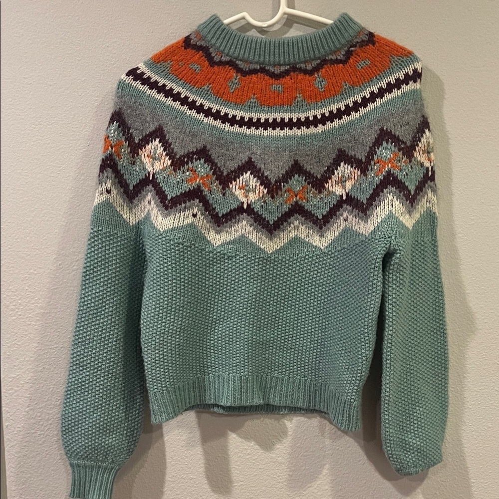 J. Crew Teal and Orange Patterned Cowl Sweater